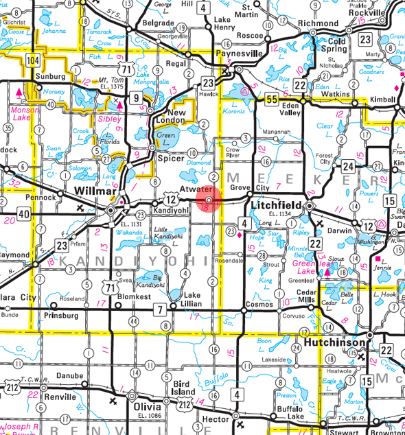 Minnesota State Highway Map of the Atwater Minnesota area