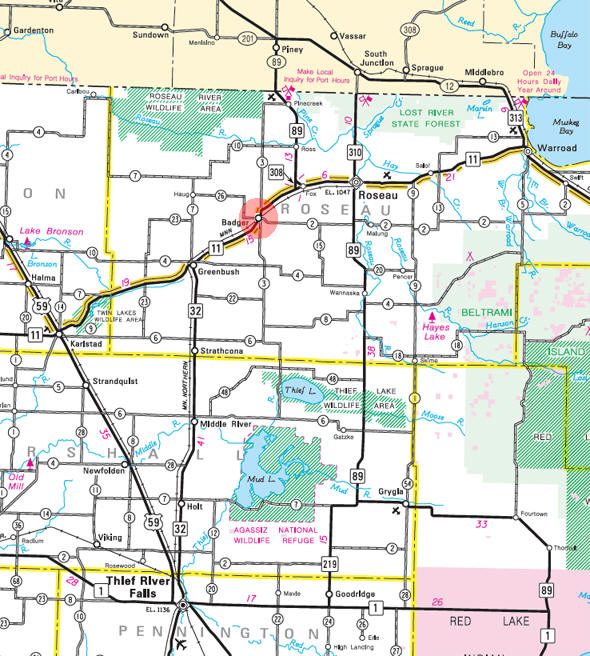 Minnesota State Highway Map of the Badger Minnesota area 