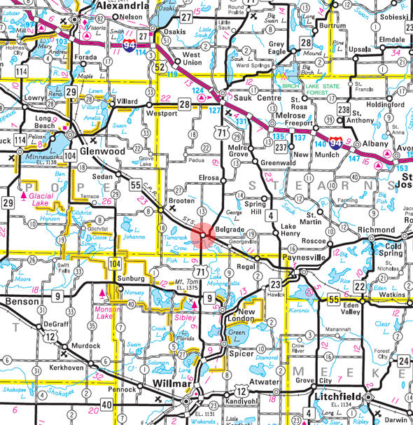 Minnesota State Highway Map of the Belgrade Minnesota area 