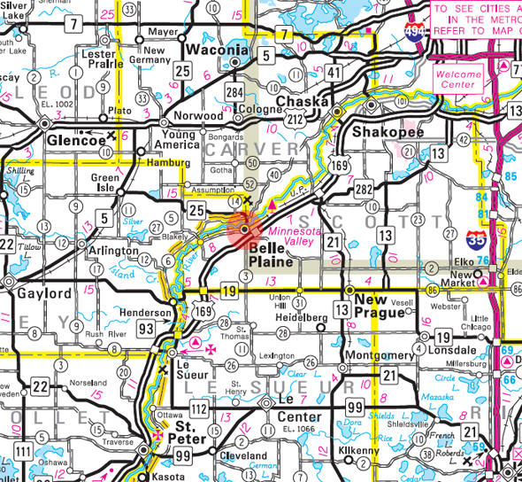 Minnesota State Highway Map of the Belle Plaine Minnesota area 