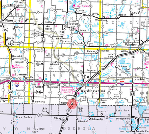 Minnesota State Highway Map of the Bigelow Minnesota area