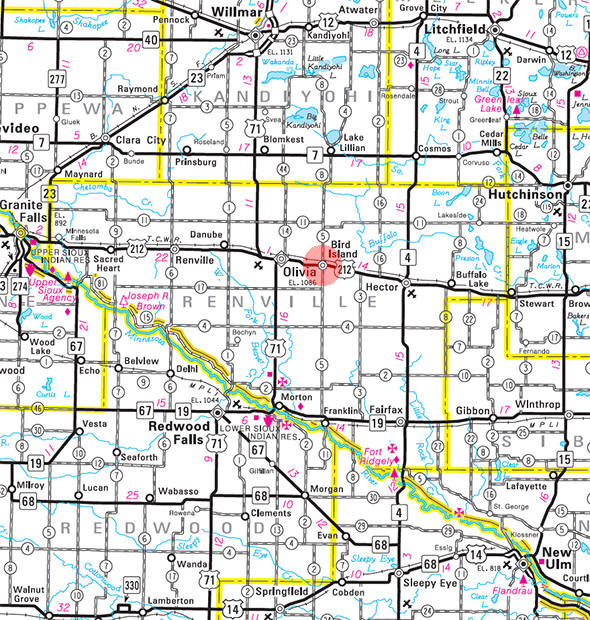 Minnesota State Highway Map of the Bird Island Minnesota area 