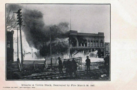Miksche and Vertin Block destroyed by fire, Breckenridge Minnesota, 1907