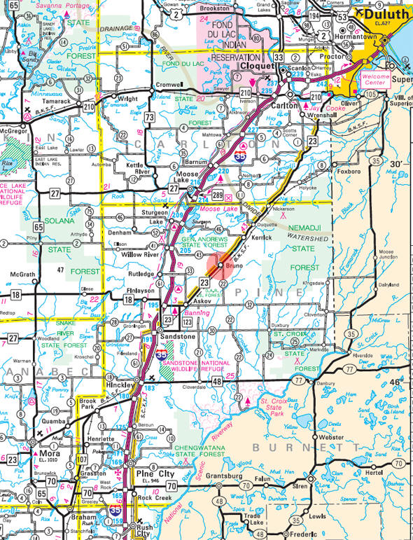 Minnesota State Highway Map of the Bruno Minnesota area