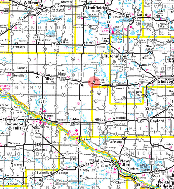 Minnesota State Highway Map of the Buffalo Lake Minnesota area 