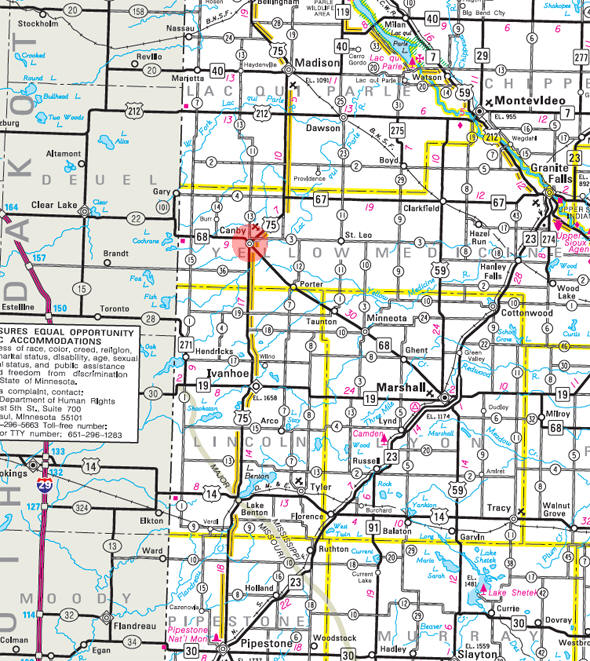 Minnesota State Highway Map of the Canby Minnesota area 