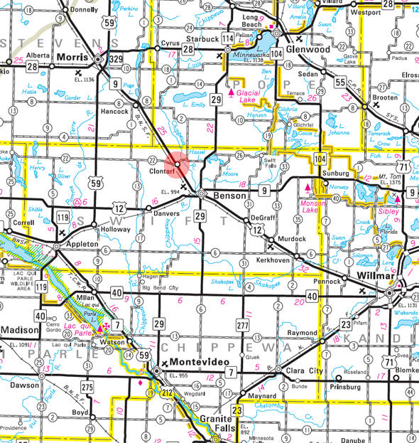 Minnesota State Highway Map of the Clontarf Minnesota area 