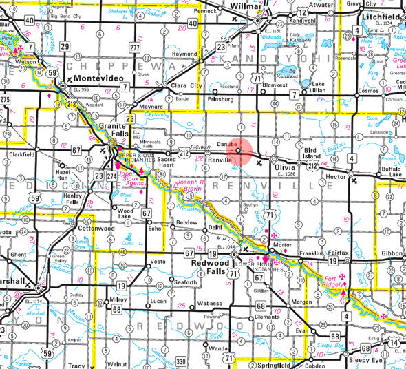 Minnesota State Highway Map of the Danube Minnesota area 