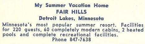 Fair Hills Resort, Detroit Lakes Minnesota, 1960's