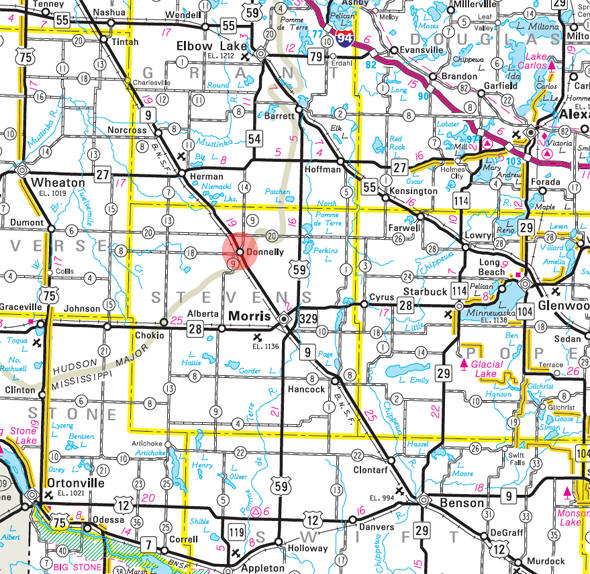 Minnesota State Highway Map of the Donnelly Minnesota area