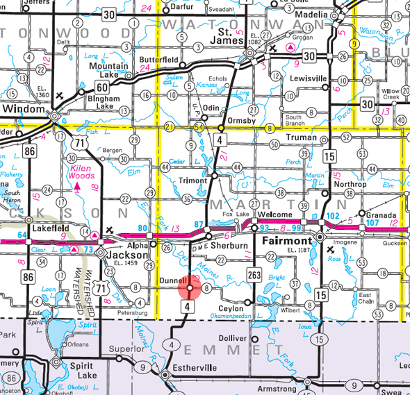 Minnesota State Highway Map of the Dunnell Minnesota area 