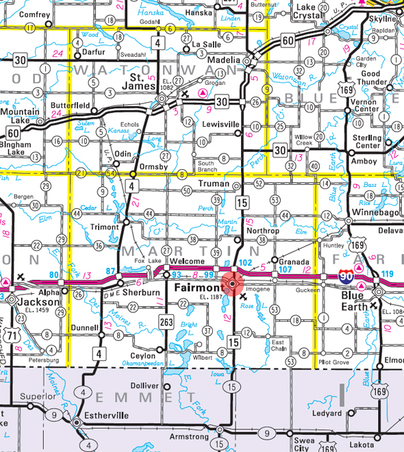 Minnesota State Highway Map of the Fairmont Minnesota area 