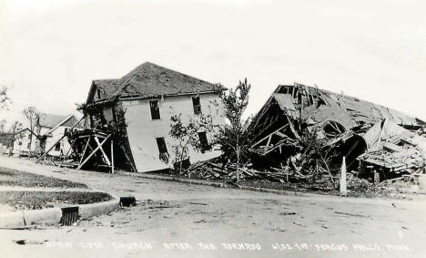 Norwegian Lutheran Church after the tornado, Fergus Falls Minnesota, June 22 1919