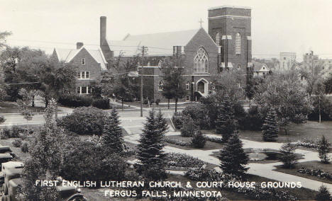 First English Lutheran Church and Court House Grounds, Fergus Falls Minnesota, 1930's