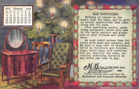 Advertising postcard for M. Benson Furniture and Undertaker, Fergus Falls Minnesota, 1910
