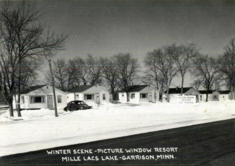 Winter scene, Picture Window Resort on Mille Lacs Lake, Garrison Minnesota, 1950's