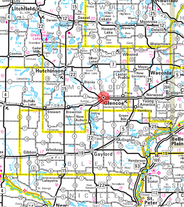 Minnesota State Highway Map of the Glencoe Minnesota area 