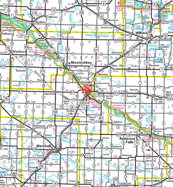 Minnesota State Highway Map of the Granite Falls Minnesota area 