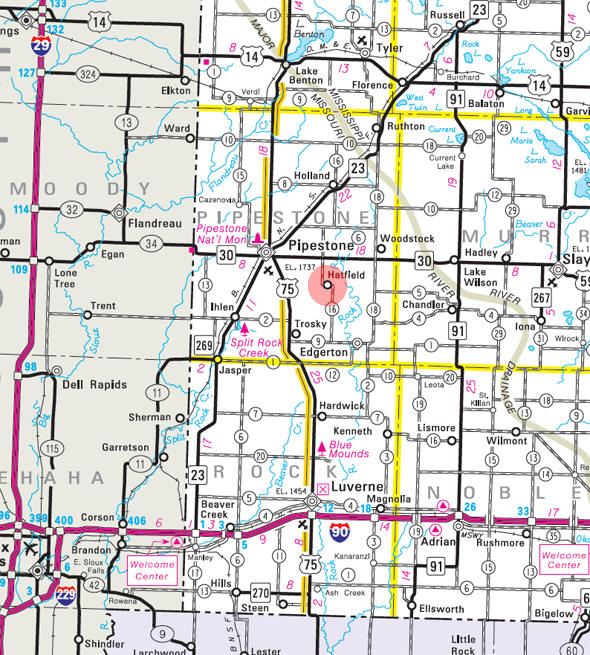 Minnesota State Highway Map of the Hatfield Minnesota area 
