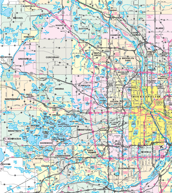 Minnesota State Highway Map of the Hennepin County Minnesota area