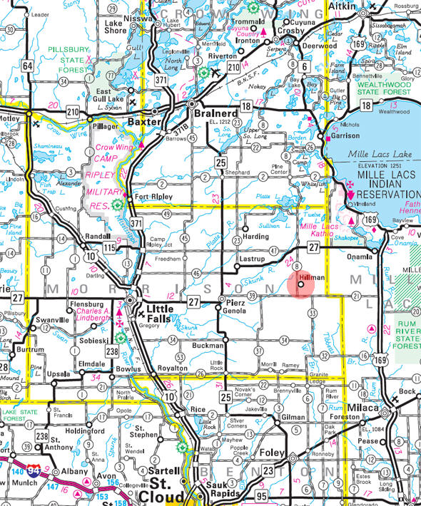 Minnesota State Highway Map of the Hillman Minnesota area