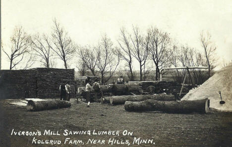 Iverson's Mill sawing lumber on Kolsrud Farm near Hills Minnesota, 1910's