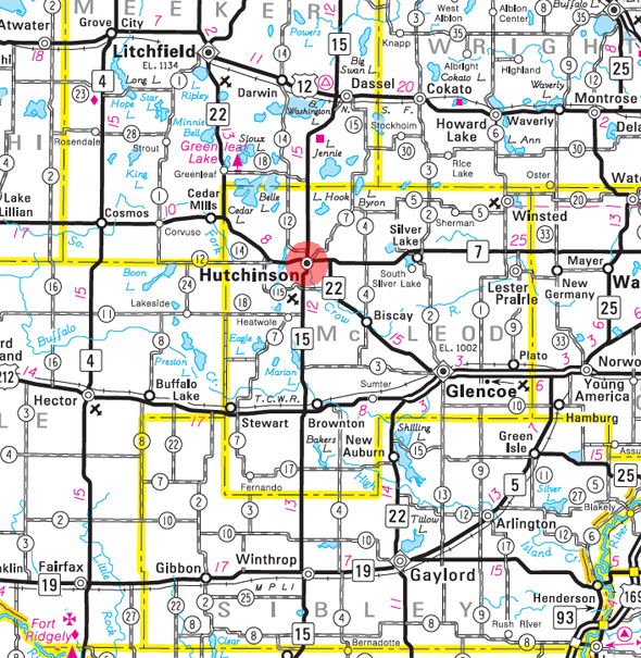 Minnesota State Highway Map of the Hutchinson Minnesota area 