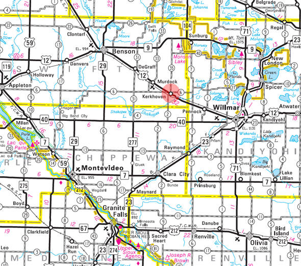 Minnesota State Highway Map of the Kerkhoven Minnesota area 