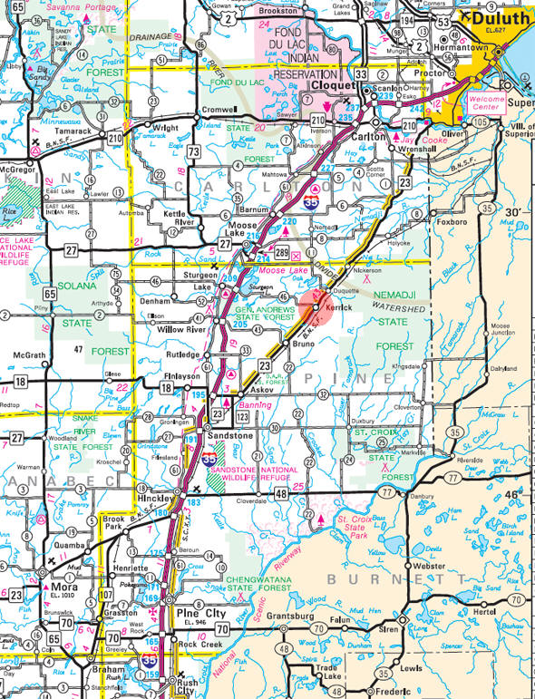 Minnesota State Highway Map of the Kerrick Minnesota area