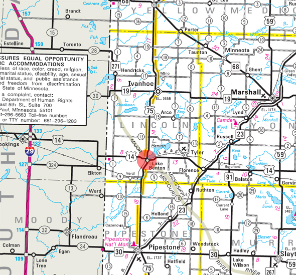 Minnesota State Highway Map of the Lake Benton Minnesota area