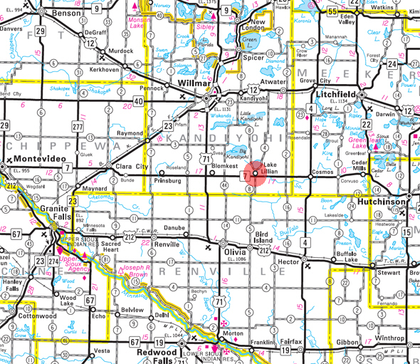Minnesota State Highway Map of the Lake Lillian Minnesota area