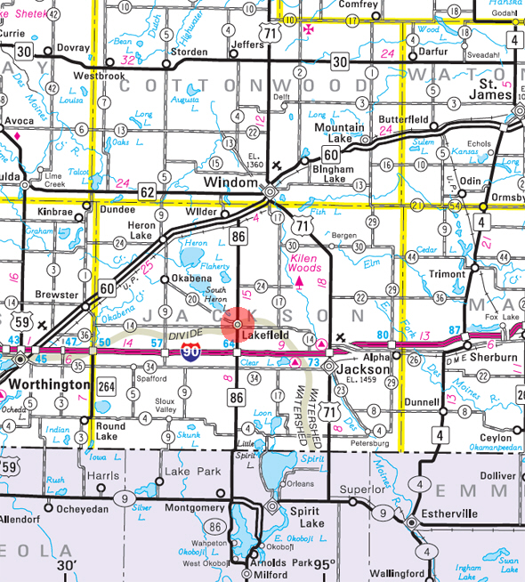 Minnesota State Highway Map of the Lakefield Minnesota area