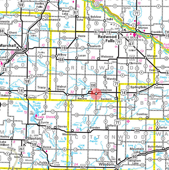 Minnesota State Highway Map of the Lamberton Minnesota area 