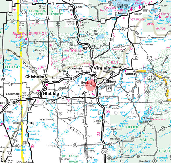 Minnesota State Highway Map of the Leonidas Minnesota area