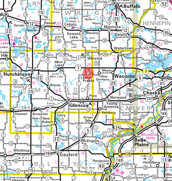 Minnesota State Highway Map of the Lester Prairie Minnesota area 