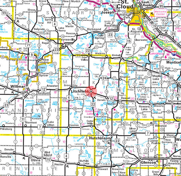 Minnesota State Highway Map of the Litchfield Minnesota area 