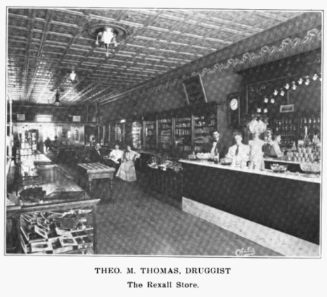 Theo. M. Thomas, Druggist, and the interior of the Rexall Store, Marshall Minnesota, 1912