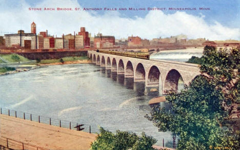 Stone Arch Bridge, St. Anthony Falls and the Milling District, Minneapolis Minnesota, 1911