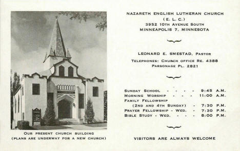 Nazareth English Lutheran Church, 3952 10th Avenue South, Minneapolis Minnesota, 1950's