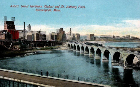Great Northern Stone Arch Bridge and St. Anthony Falls, Minneapolis Minnesota, 1910's