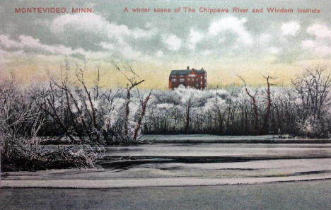 A winter scene of The Chippewa River and Windom Institute, Montevideo Minnesota, 1910's