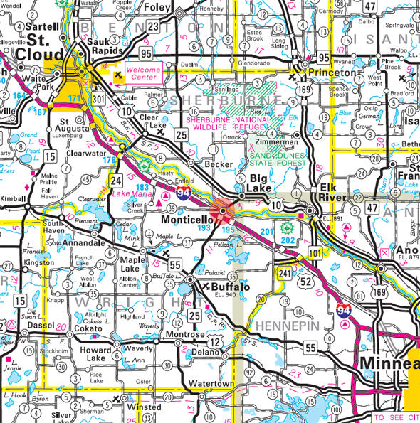 Minnesota State Highway Map of the Monticello Minnesota area 