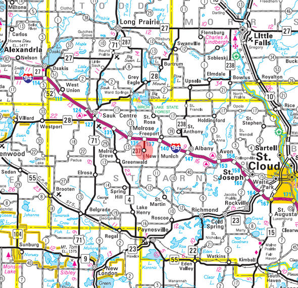 Minnesota State Highway Map of the New Munich Minnesota area 