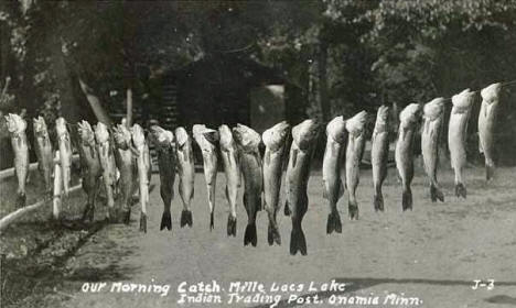 Morning catch at the Indian Trading Post on Mille Lacs Lake, Onamia Minnesota, 1920's