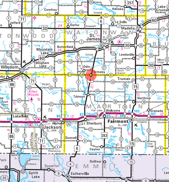 Minnesota State Highway Map of the Ormsby Minnesota area 