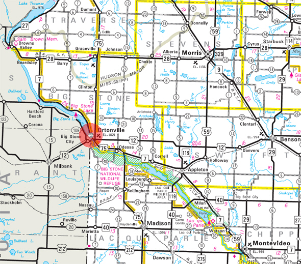 Minnesota State Highway Map of the Ortonville Minnesota area 