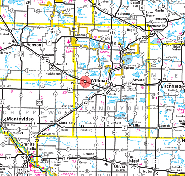 Minnesota State Highway Map of the Pennock Minnesota area