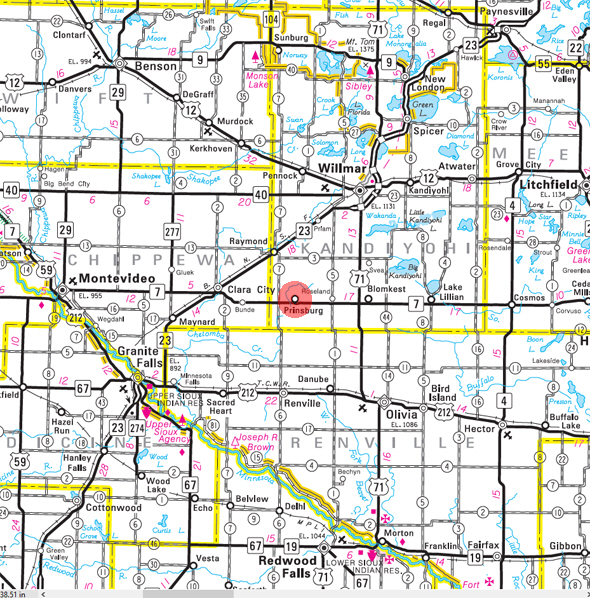 Minnesota State Highway Map of the Prinsburg Minnesota area