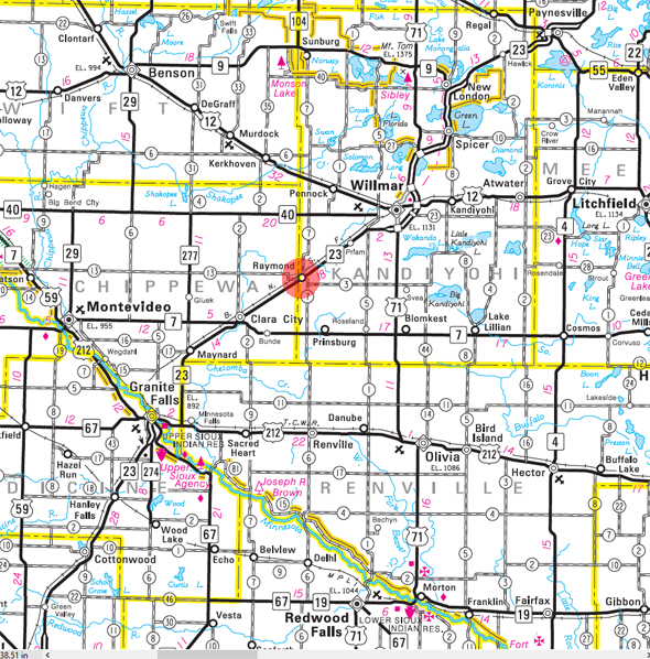 Minnesota State Highway Map of the Raymond Minnesota area