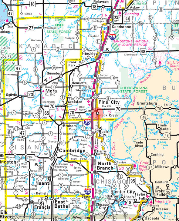 Minnesota State Highway Map of the Rock Creek Minnesota area